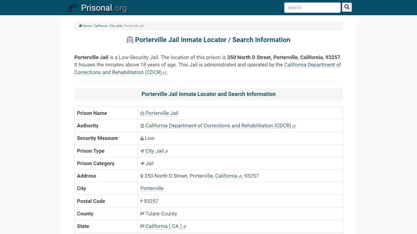 Porterville Jail-Inmate Locator/Search Info, Phone, Fax ...